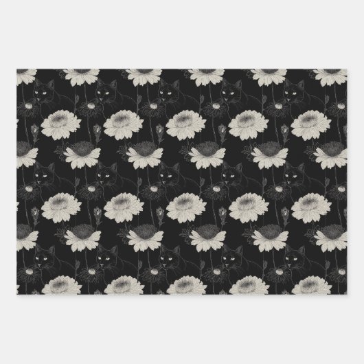 Gevoerde zwarte kat met witte bloemen inpakpapier vel (Voorkant 2)