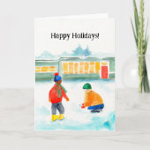 Gevouwen vakantiekaart met kinderen die in sneeuw feestdagen kaart (Voorkant)