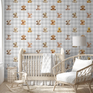 Gevulde Boerderij Animal Toys Grey Plaid Baby Nurs Behang