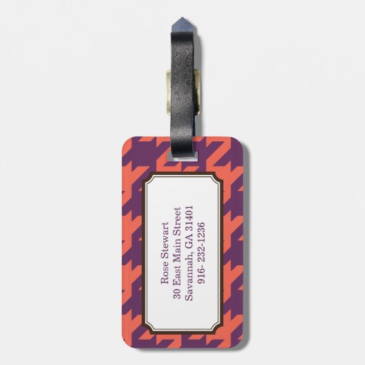 Gewaagd modern paars oranje houndstoothmonogram bagagelabel (Achterkant verticaal)