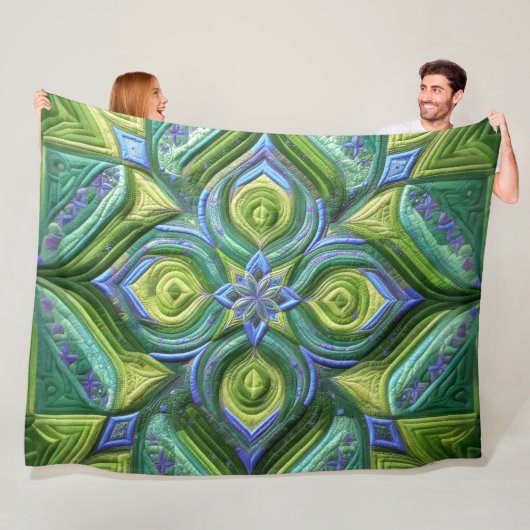 Gewatteerd groen blauw abstract ontwerp fleece deken (In situ)