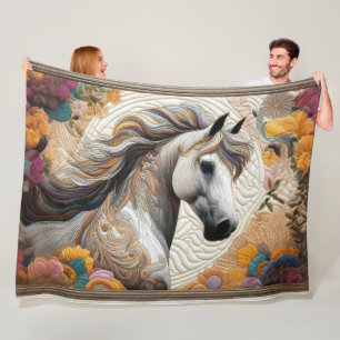 Gewatteerd wit paard en bloemen fleece deken