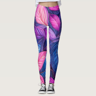 Gewatteerde Blauw Paarse Roze Bladeren Design Leggings