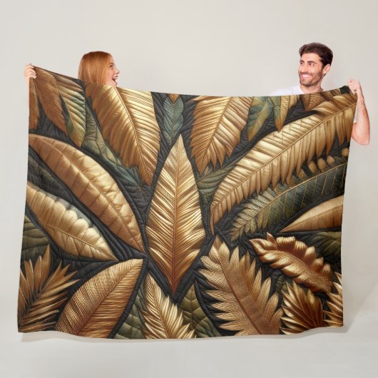 Gewatteerde gouden tropische bladeren ontwerp fleece deken (In situ)