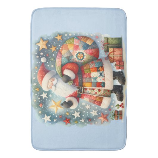 Gewatteerde patchwork kerstman met kerststerren badmat (Voorkant Verticaal)