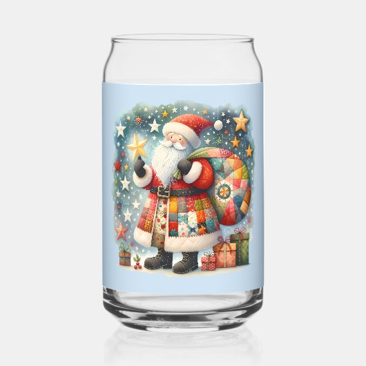 Gewatteerde patchwork kerstman met kerststerren blikvorm glas (Achterkant)