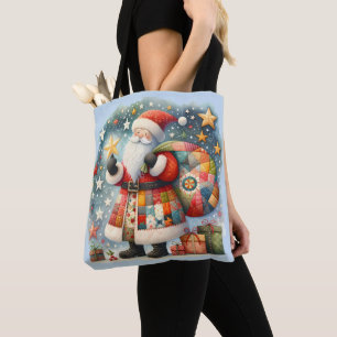 Gewatteerde patchwork kerstman met kerststerren draagtas