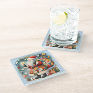 Gewatteerde patchwork kerstman met kerststerren glazen onderzetter