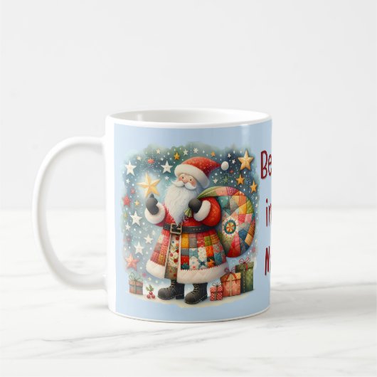 Gewatteerde patchwork kerstman met kerststerren koffiemok (Links)