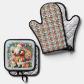 Gewatteerde patchwork kerstman met kerststerren ovenwant & pannenlap set (Voorkant / Achterkant)