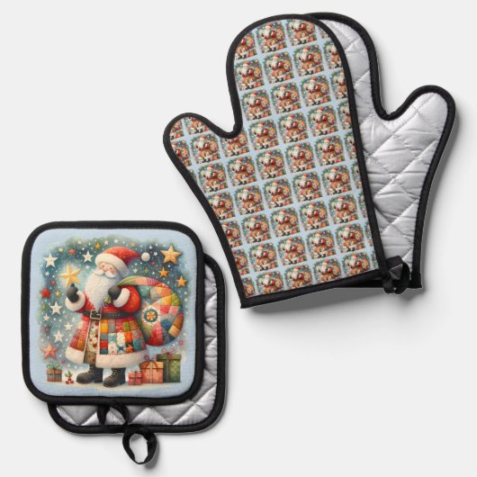 Gewatteerde patchwork kerstman met kerststerren ovenwant & pannenlap set (Voorkant / Achterkant)