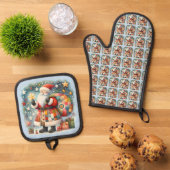 Gewatteerde patchwork kerstman met kerststerren ovenwant & pannenlap set (Top down)