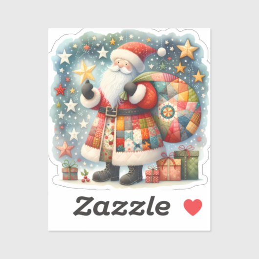 Gewatteerde patchwork kerstman met kerststerren sticker (Vel)