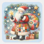 Gewatteerde patchwork kerstman met kerststerren vierkante sticker (Voorkant)