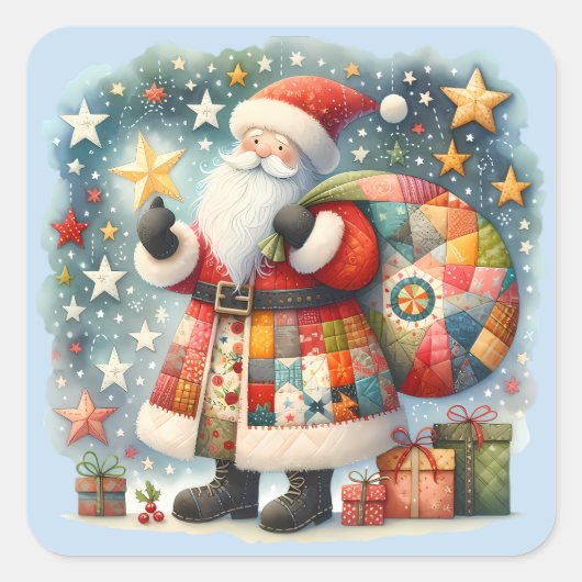 Gewatteerde patchwork kerstman met kerststerren vierkante sticker (Voorkant)