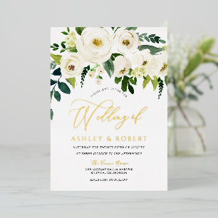 Geweldig huwelijk: White Blooming Flowers Golden Folie Uitnodiging