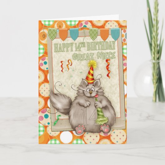 Geweldig nichtje 14e verjaardag met leuke feestkat kaart (Voorkant)