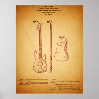 Geweldige Art Bass Guitar Patent Poster