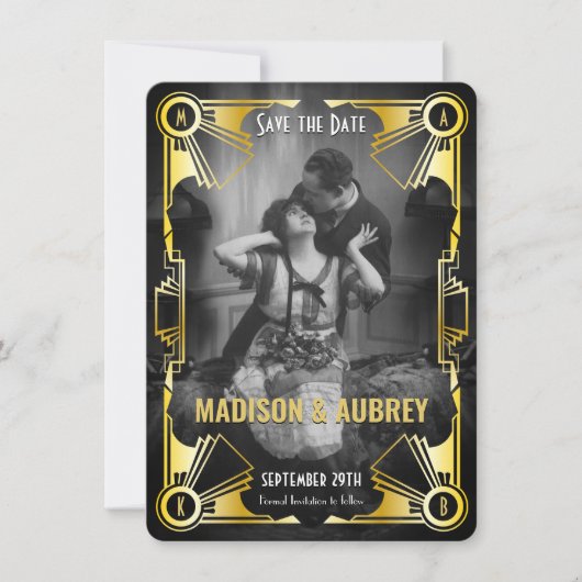 Geweldige Gatsby Art Deco bruiloft Goud & Zwart Fo Save The Date (Voorkant)