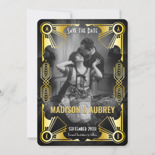 Geweldige Gatsby Art Deco bruiloft Goud & Zwart Fo Save The Date