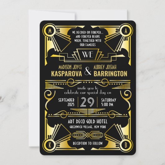 Geweldige Gatsby  Gold & Black Art Deco bruiloft Kaart (Voorkant)