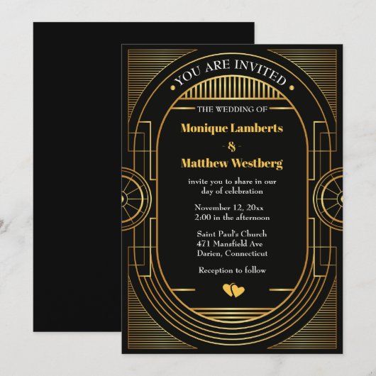 Geweldige Gatsby Wedding Art Deco Black & Gold  Kaart (Voorkant / Achterkant)
