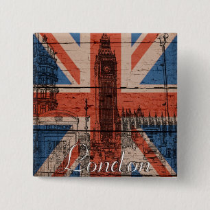 Geweldige, koele trendy oude houthout, U.K. vlag Vierkante Button 5,1 Cm