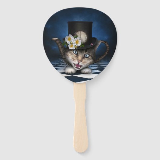 Geweldige Mad Hatter Theepot Cat Whimsical Design Handwaaier (Voorkant)