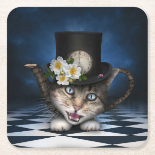 Geweldige Mad Hatter Theepot Cat Whimsical Design Vierkante Kartonnen Onderzetter