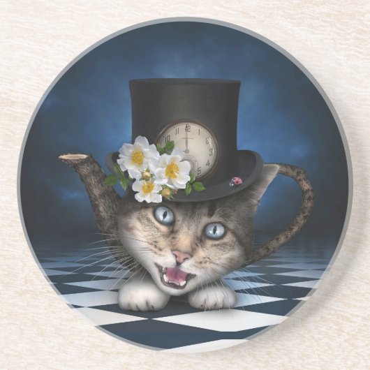 Geweldige Mad Hatter Theepot Cat Whimsical Design Zandsteen Onderzetter (Voorkant)