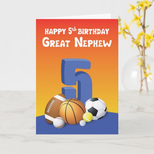 Geweldige Nephew 5th Birthday Sports Balls Kaart (Gele Bloem)