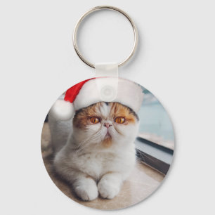 Geweldige perzische kat met het pet van Santa Clau Sleutelhanger