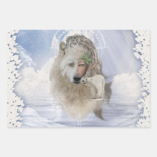 Geweldige polarwolf met fee, polarbeer en sneeuw t inpakpapier vel (Voorkant)