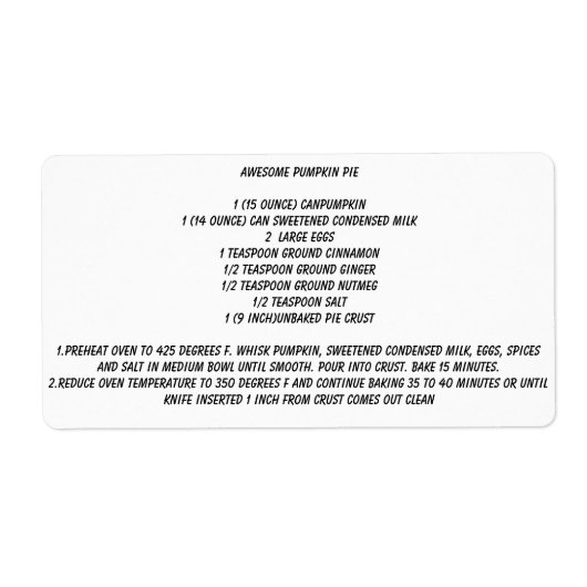 Geweldige pompoentaart REcipe Etiket (Voorkant)