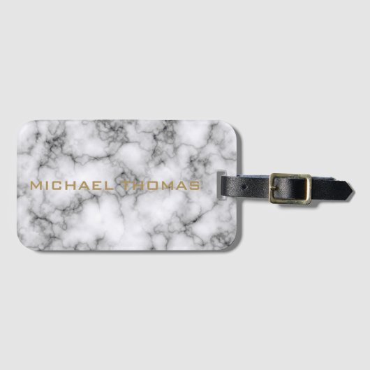 Geweldige Realistisch wit marmer patroon Monogram Bagagelabel (Voorkant (horizontaal))