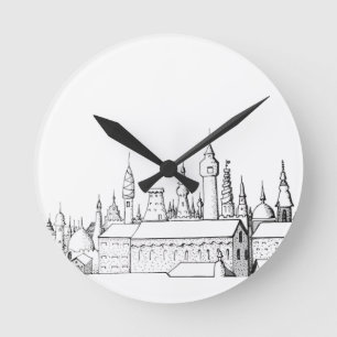 geweldige stad . kunstwerk . zwart - wit ronde klok