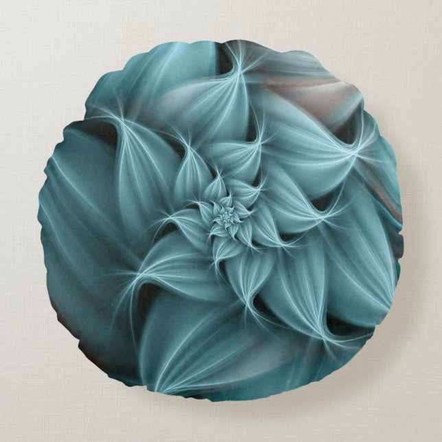 Geweldige turquoise bloemfractal rond kussen (Voorkant)
