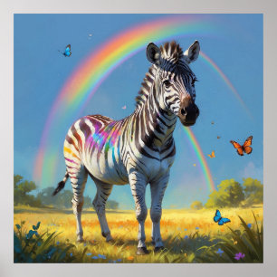 Geweldige Zebra in Wild met regenboog en vlinders Poster