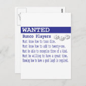 gewenste bunco-spelers briefkaart (Voorkant / Achterkant)