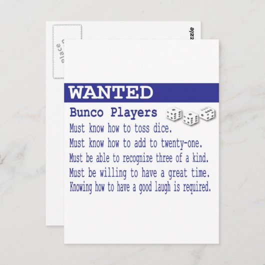 gewenste bunco-spelers briefkaart (Voorkant / Achterkant)