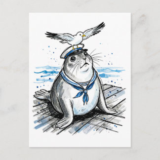 Gewone zeehond met meeuw in illustratie in marinei briefkaart