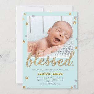 Gewoon 'Blessed Photo Birth Announcement Blue' Bedankkaart