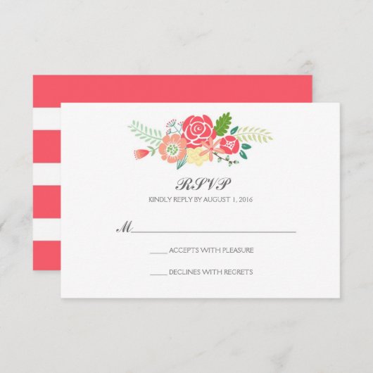 Gewoon Bloemen & Strepen Bruiloft RSVP / Koraal (Voorkant / Achterkant)