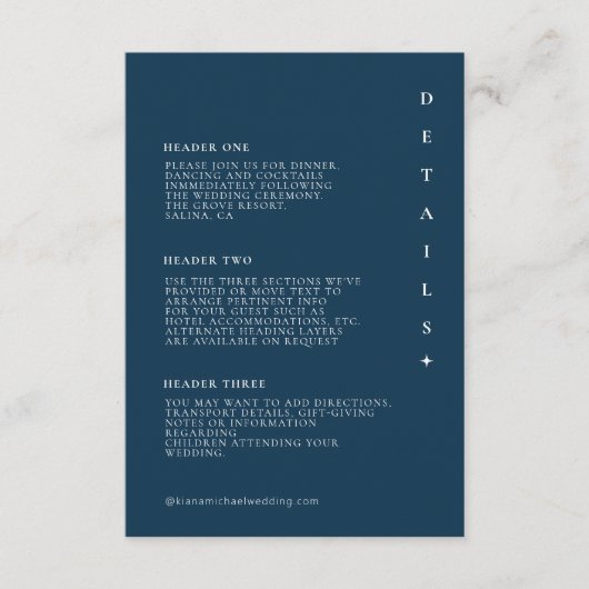 Gewoon chique bruiloft Details Pruisisch Blauw ID1 Informatiekaartje (Voorkant)