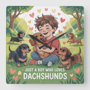 Gewoon Een Jongen Die Van Dachshunds Houdt Vierkante Klok