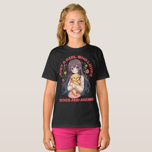 Gewoon een meisje dat houdt van anime en honden t-shirt (Voorkant volledig)