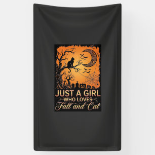 Gewoon een meisje dat van herfstkat Halloween maan Spandoek