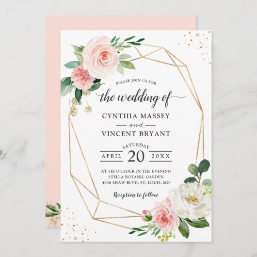 Gewoon Elegant Blush Floral Geometric Wedding Kaart (Voorkant / Achterkant)