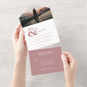 Gewoon Elegant Dusty Roos in White Photo Wedding All In One Uitnodiging