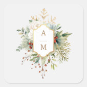 Gewoon Elegant Kerst Bloemen Monogram Vierkante Sticker (Voorkant)